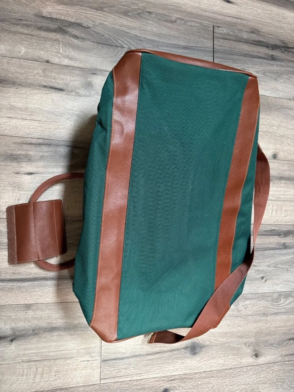 Ralph Lauren 1990's Green & Brown Canvas Duffel Bag Leather Trim And Adjustable